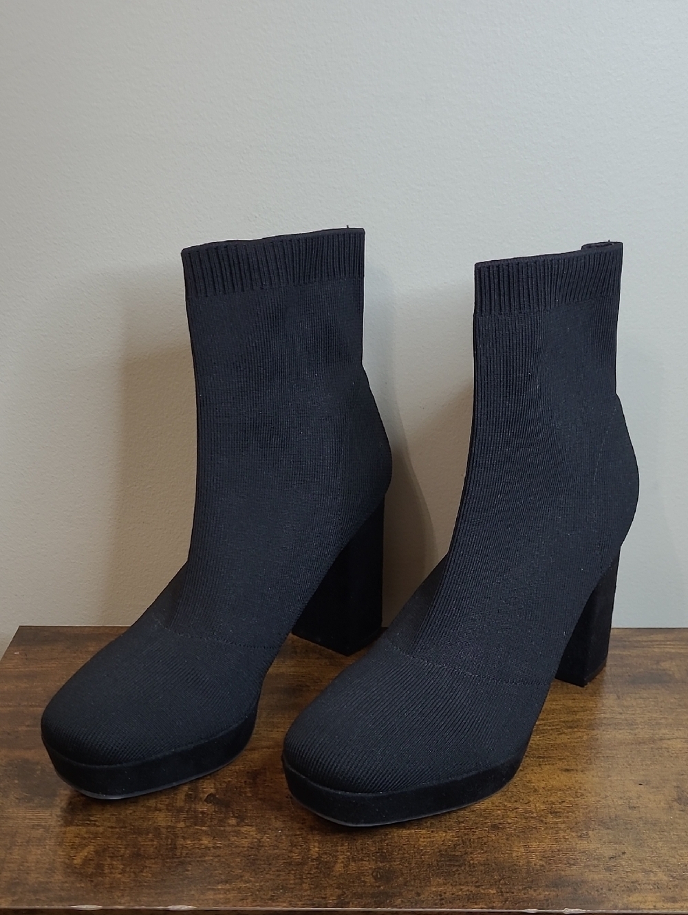 MIA Black Knit Sock Ankle Boots with Block Heel size 8.5